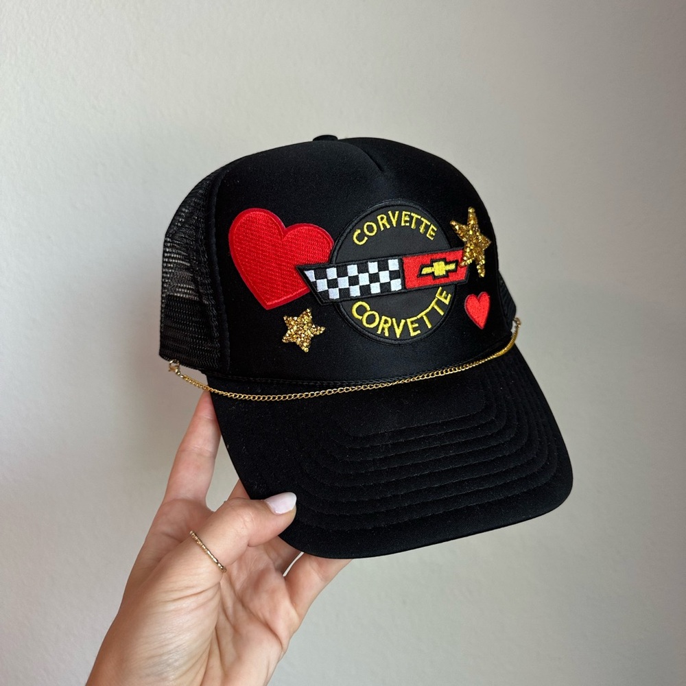 Custom Trucker Hat - Corvette Black Trucker Hat with Red and Gold Accents